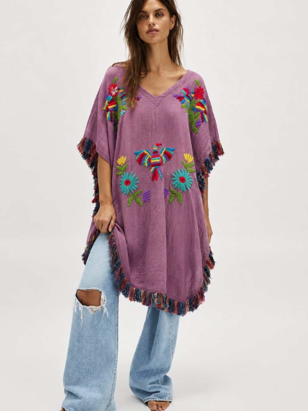 BOUTIQUE ONE OF A KIND COTTON GAUZE EMBROIDERED PONCHO TOP